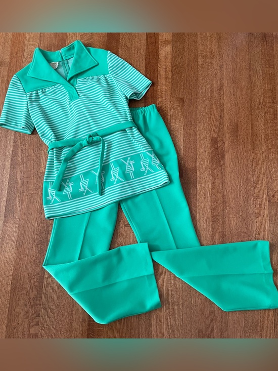 Marty Gutmacher Pants - Vintage 70s Marty Gutmacher Knit Pantsuit Green White Lounge Disco Retro M?